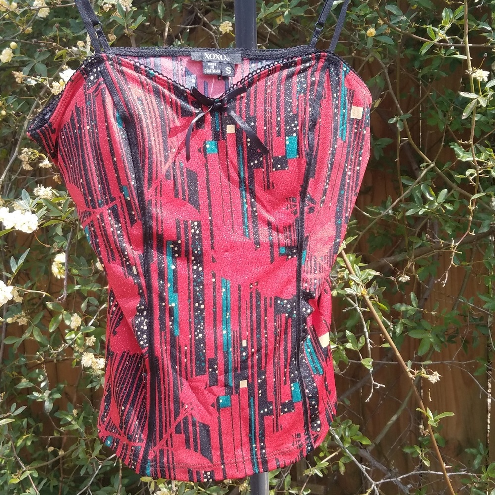 XOXO Glittery graphic multi-colored red bustier top